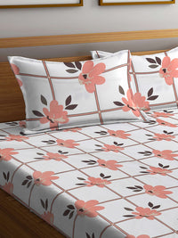 KLOTTHE White Floral Cotton 300 TC Fitted King Fine Bedsheet dengan 2 Sarung Bantal-98 x 89 inci