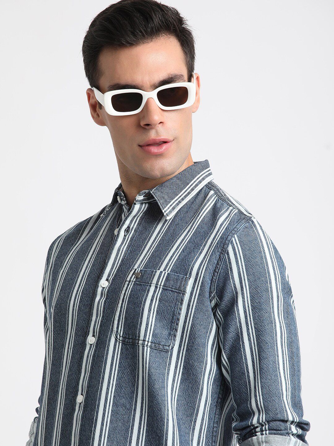 THE BEAR HOUSE Slim Fit Striped Twill Pure Cotton Casual Shirt