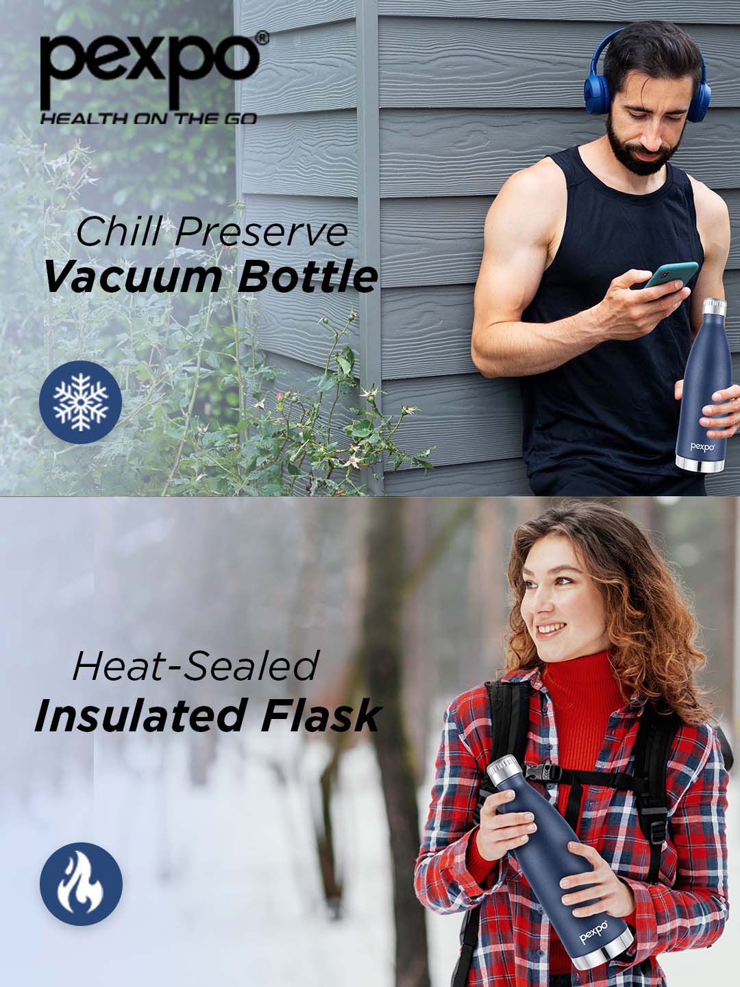Pexpo Extreme Blue Solid Stainless Steel Double Wall Vacuum Flask - 850ml