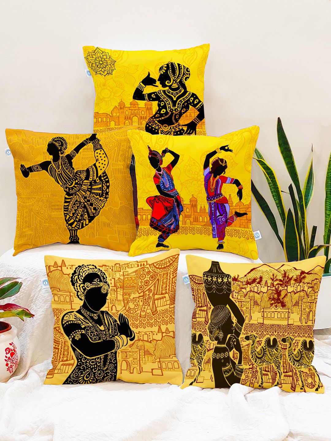 STITCHNEST Yellow & Black Set of 5 Ethnic Motifs Square Cushion Covers