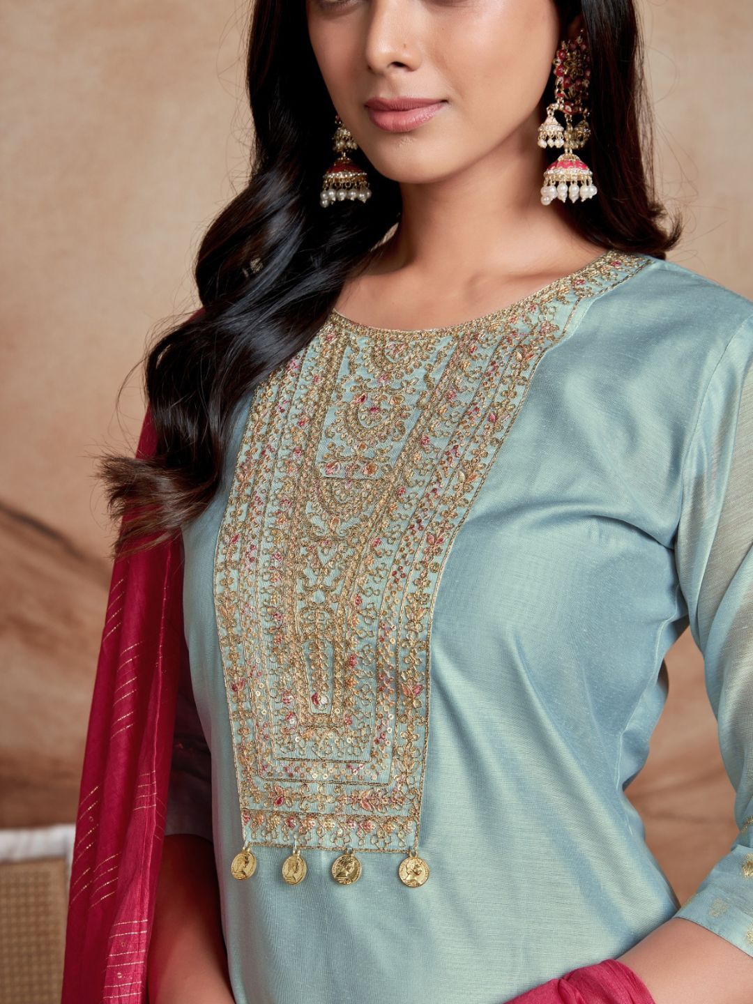 KALINI Ethnic Motifs Embroidered Round Neck Sequinned Kurta with Palazzos & Dupatta