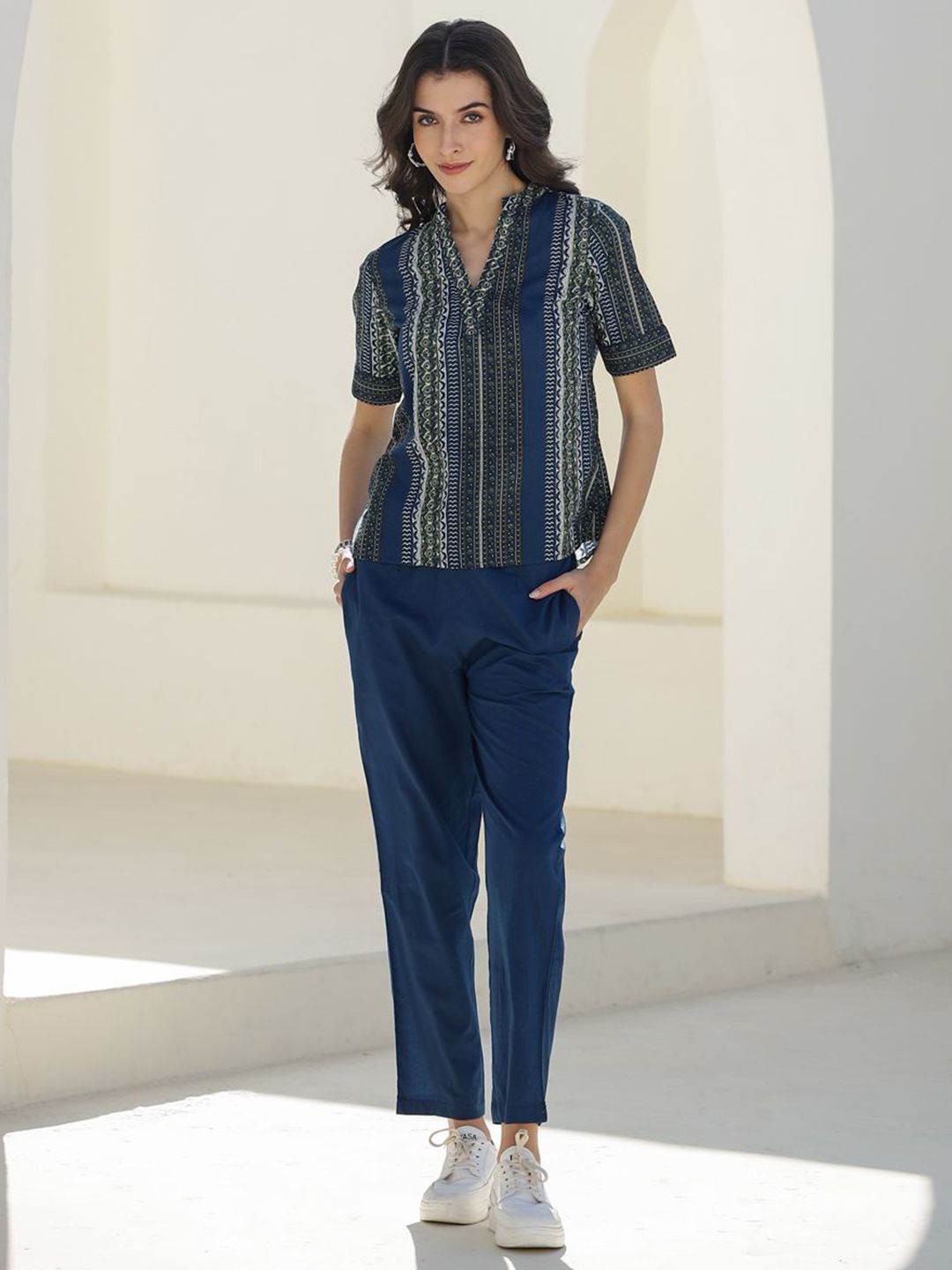 SANSKRUTIHOMES Women Printed Pure Cotton Top With Trousers Co-Ords