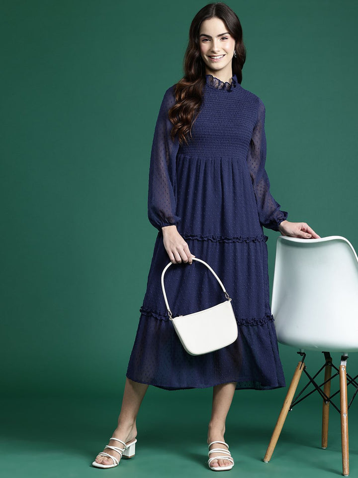DressBerry Schiffli Smocked Tiered A-Line Midi Dress