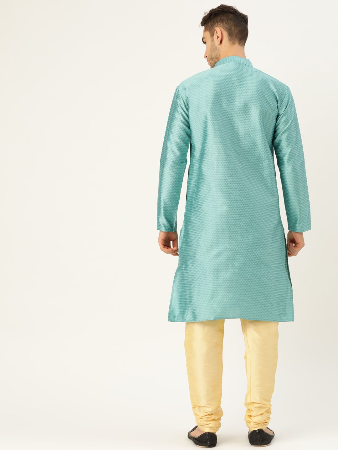 SOJANYA Men Sea Green Woven Design Straight Angrakha Kurta