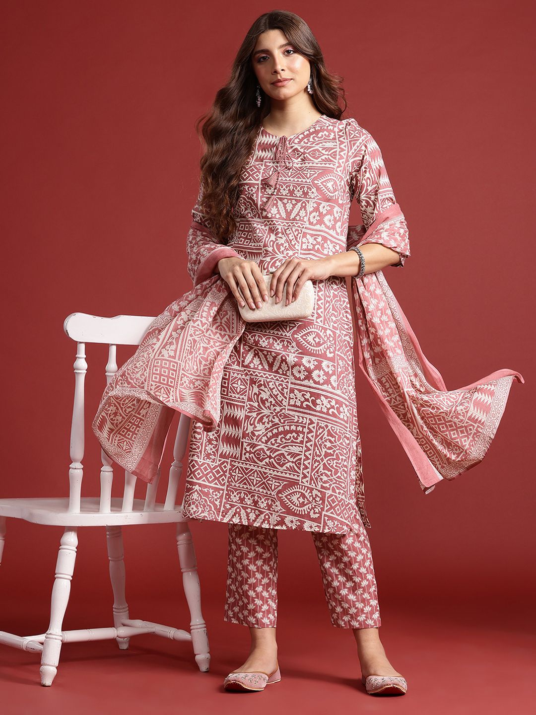 Anouk Floral Print Pure Cotton Kurta with Trousers & With Dupatta