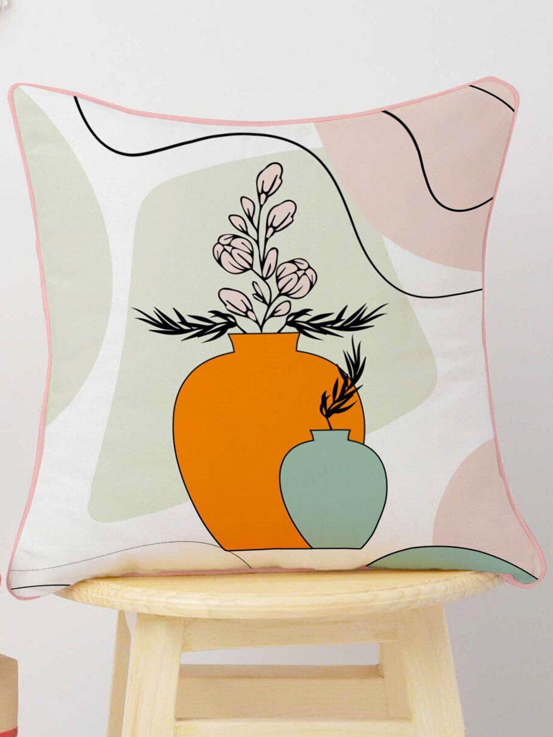 STITCHNEST Set of 5 White & Peach Floral 18'' x 18'' Cushion Cover