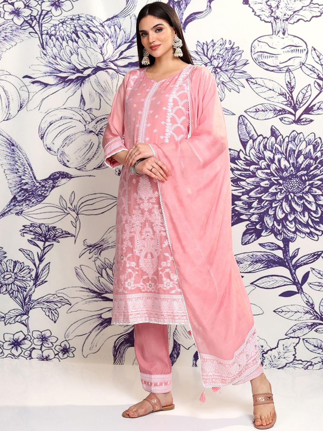 Vishudh Ethnic Motifs Embroidered Straight Kurta & Trousers With Dupatta
