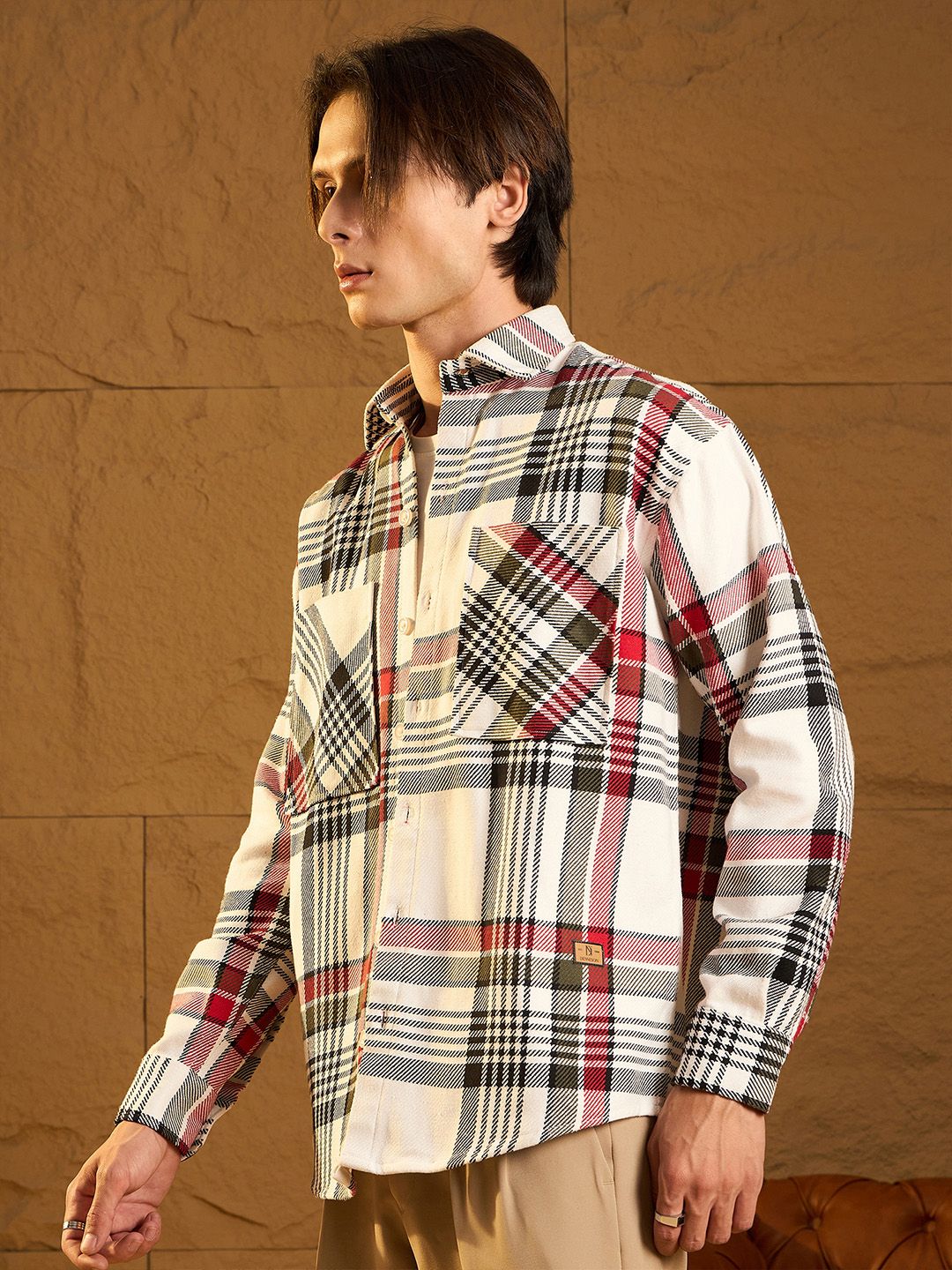 DENNISON Men Double Pocket Drop Shoulder Oversized Cotton Checked Shacket