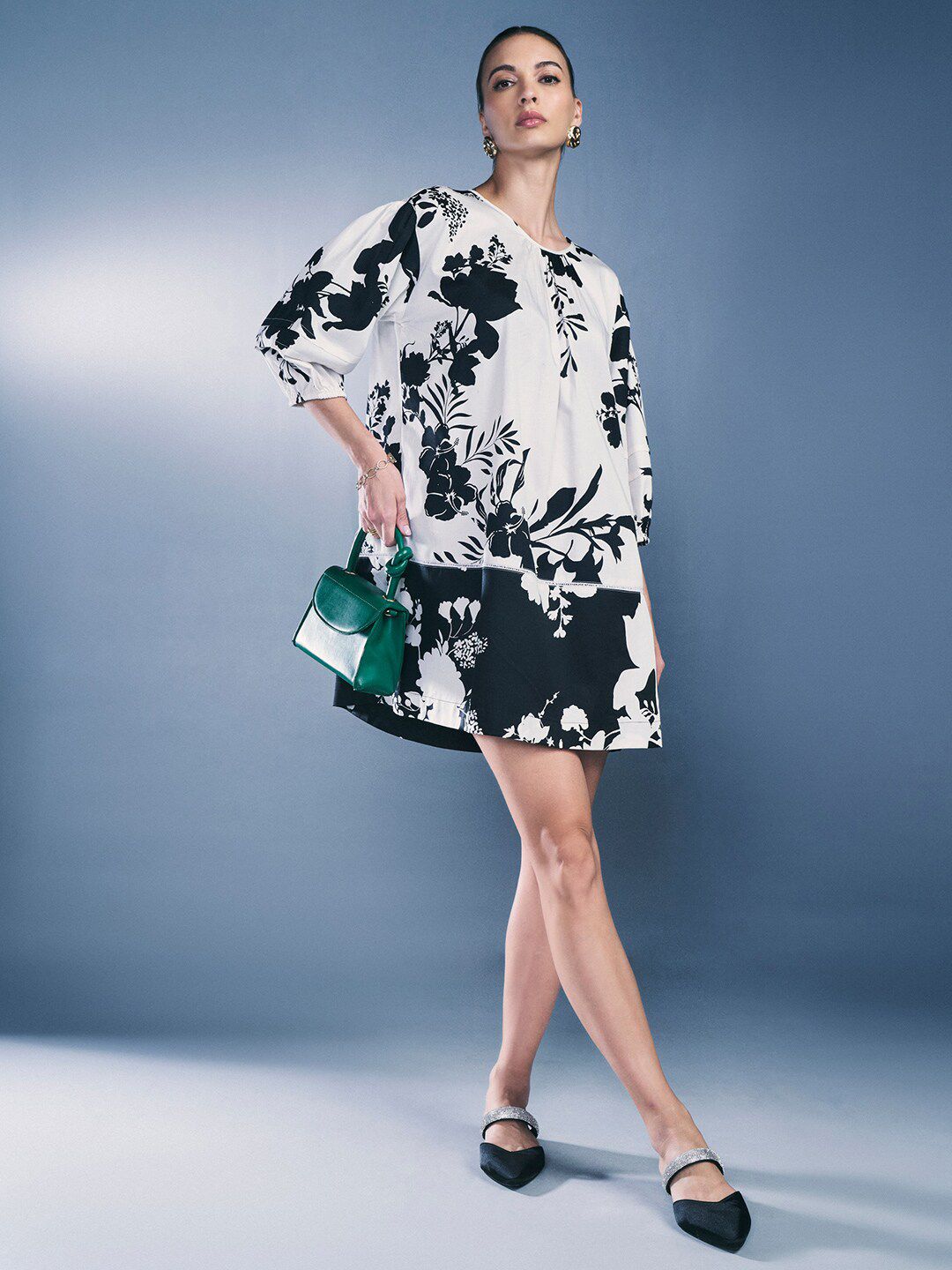 AND Floral Printed Round Neck Pure Cotton A-Line Dress