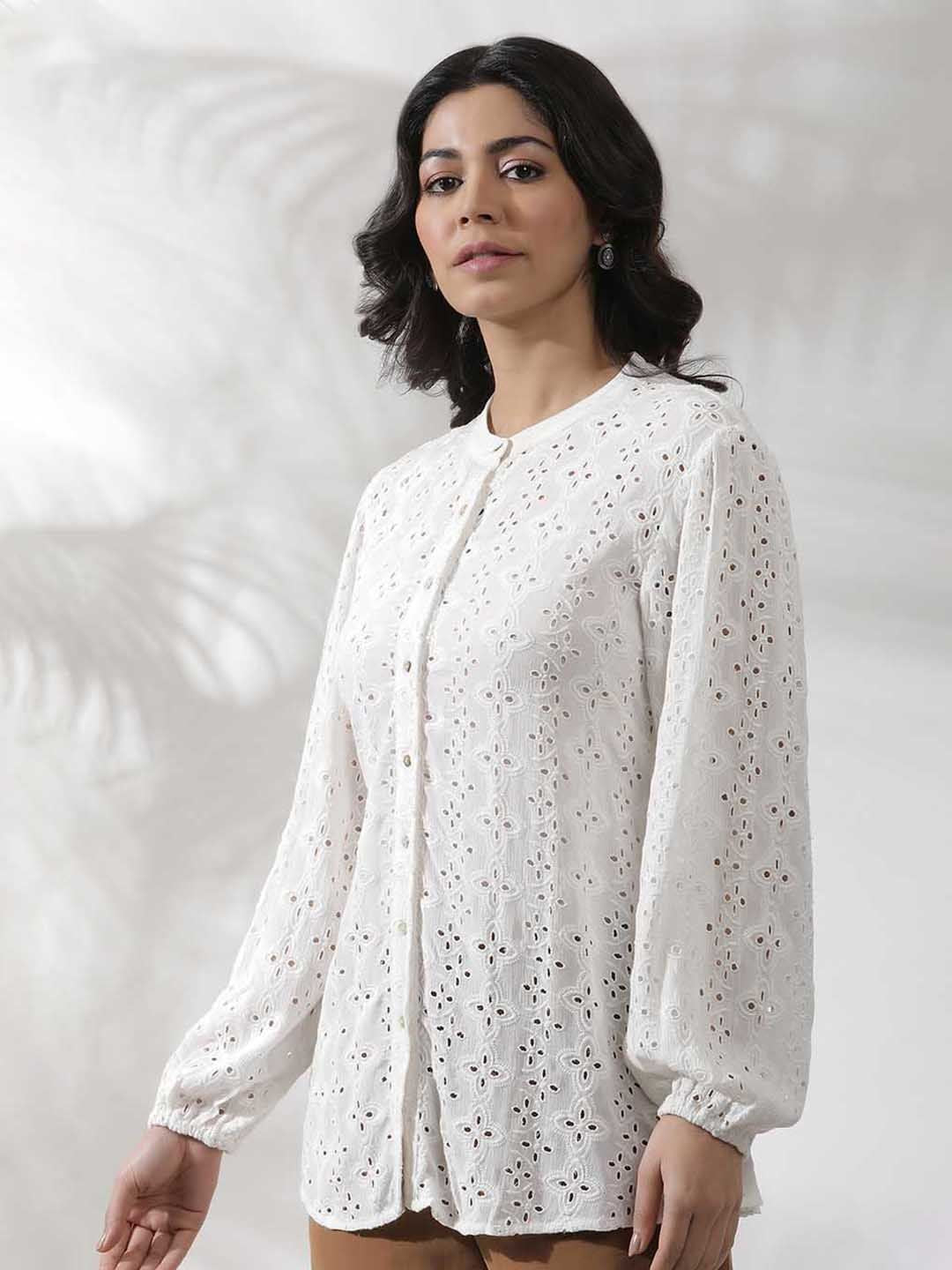 W Self Design Mandarin Collar Puffed Sleeves Shirt Style Top
