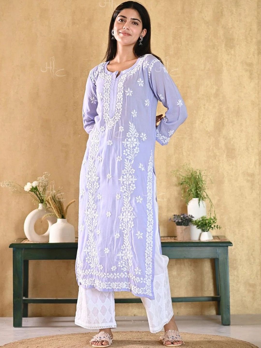 Rumah Wanita Chikankari Kurta Sulam Bunga