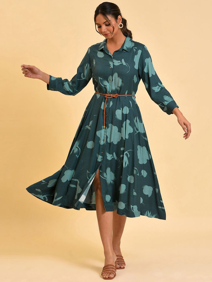 W Green Abstract Printed Shirt Collar Belted Shirt Midi Dress