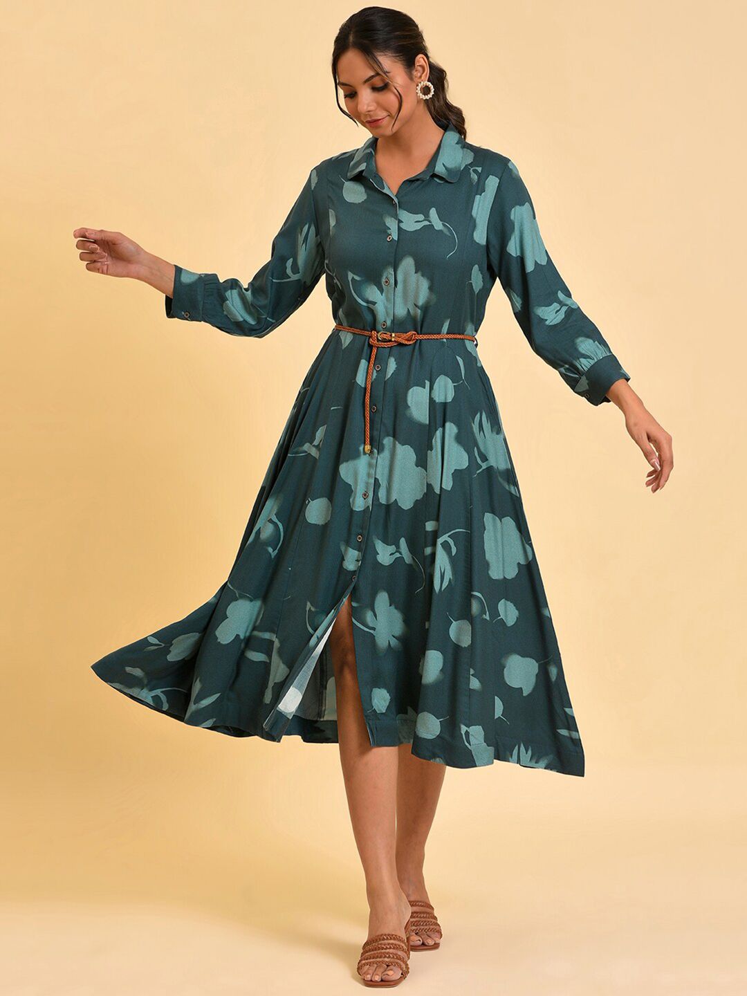 W Green Abstract Printed Shirt Collar Belted Shirt Midi Dress