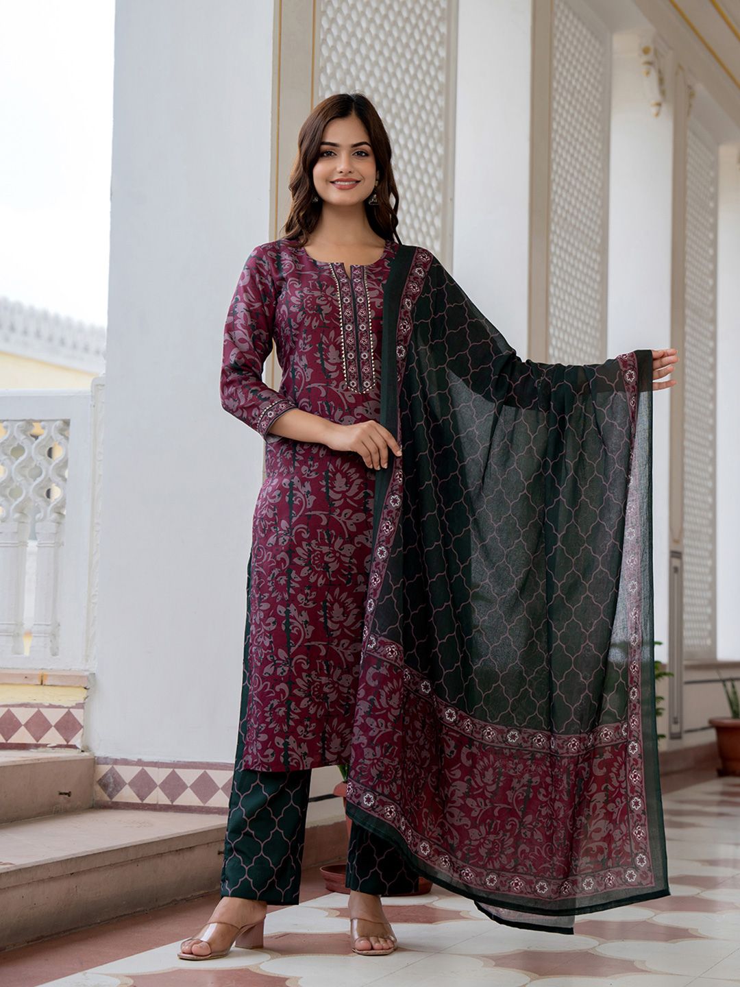 KALINI Floral Printed Notch Neck Straight Kurta With Trousers & Dupatta