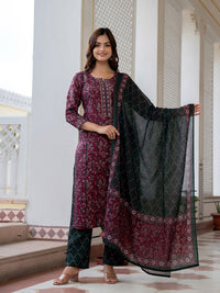 KALINI Floral Printed Notch Neck Straight Kurta With Trousers & Dupatta