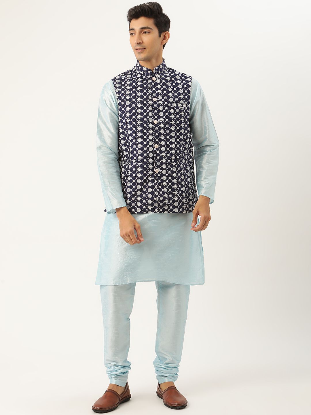 SOJANYA Kurta Solid Lelaki Hitam & Oren dengan Jaket Churidar & Nehru