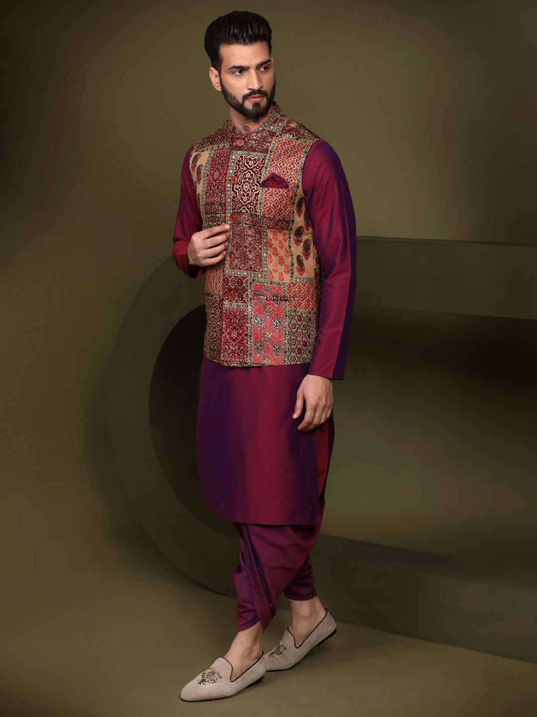 KISAH Men Abstract Printed Regular Fit Kurta Jacket Dhoti Set