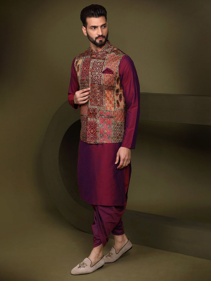 KISAH Men Abstract Printed Regular Fit Kurta Jacket Dhoti Set
