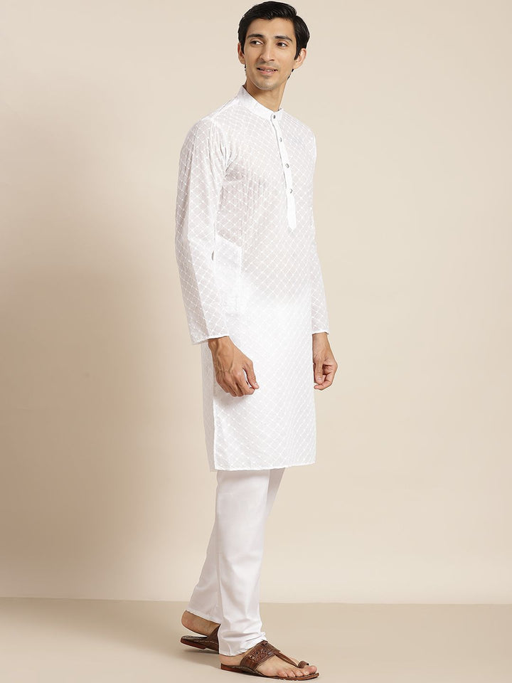 SOJANYA Men White Ethnic Motifs Chikankari Pure Cotton Kurta with Churidar & Nehru Jacket