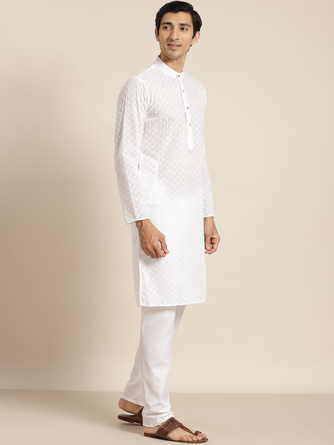 SOJANYA Men White Ethnic Motifs Chikankari Pure Cotton Kurta with Churidar & Nehru Jacket