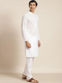 SOJANYA Men White Ethnic Motifs Chikankari Pure Cotton Kurta with Churidar & Nehru Jacket