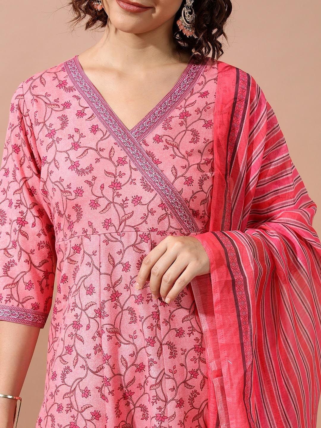 Vishudh Pink Ethnic Motifs Printed Angrakha Kurta With Trousers & Dupatta
