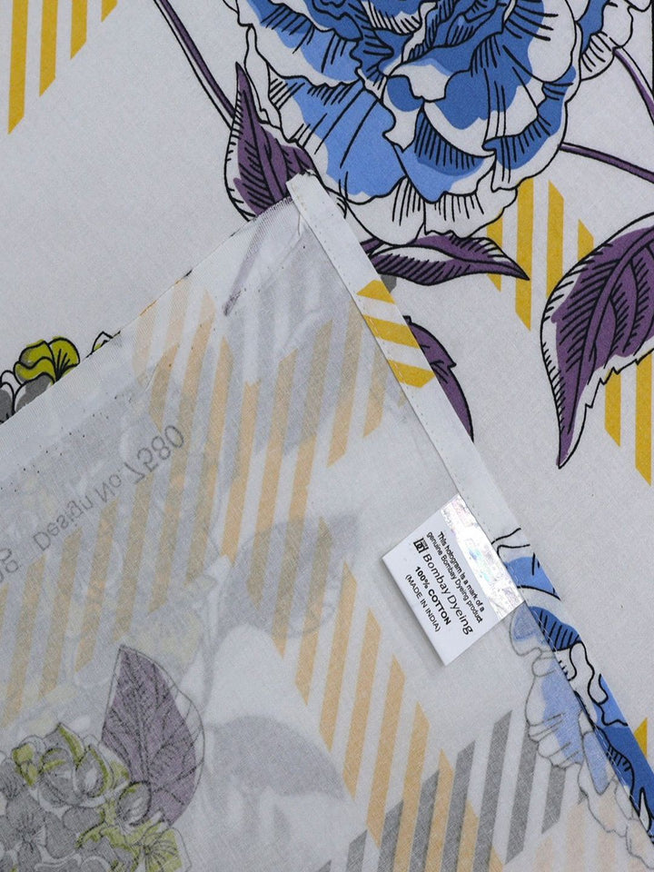 BOMBAY DYEING Allure Blue Floral Cotton 144 TC Queen Fitted Bedsheet Set-1.52mX198 mX30cm