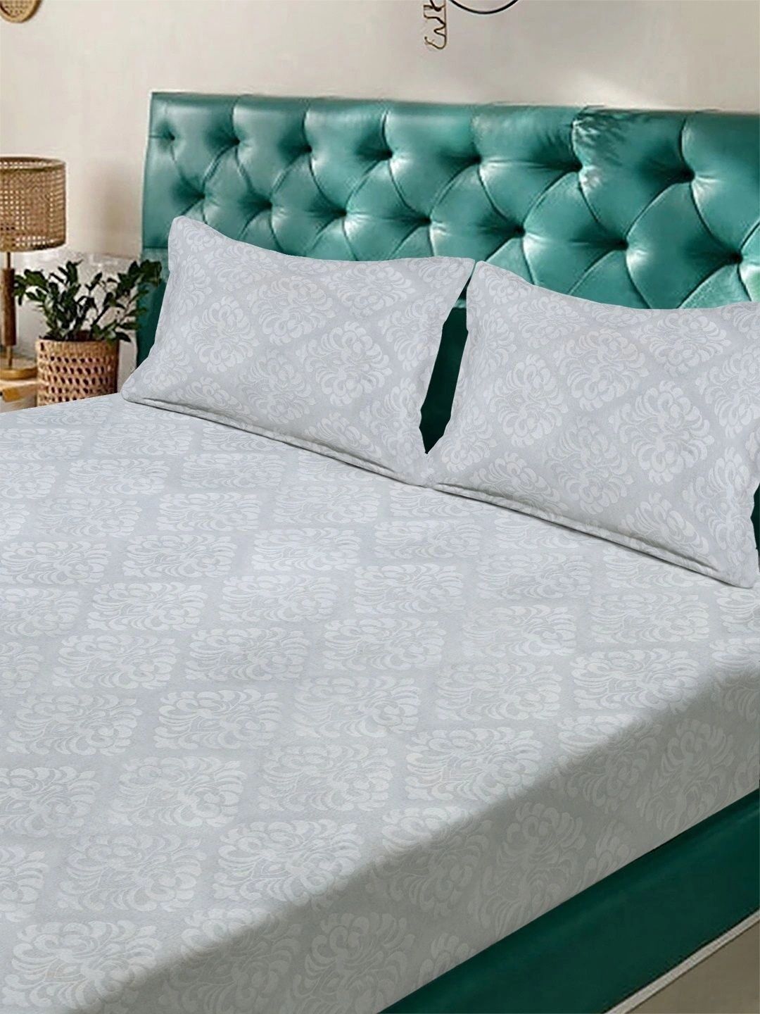Myntra Elegant Homes Grey Floral 300 TC King Bedsheet with 2 Pillow Covers