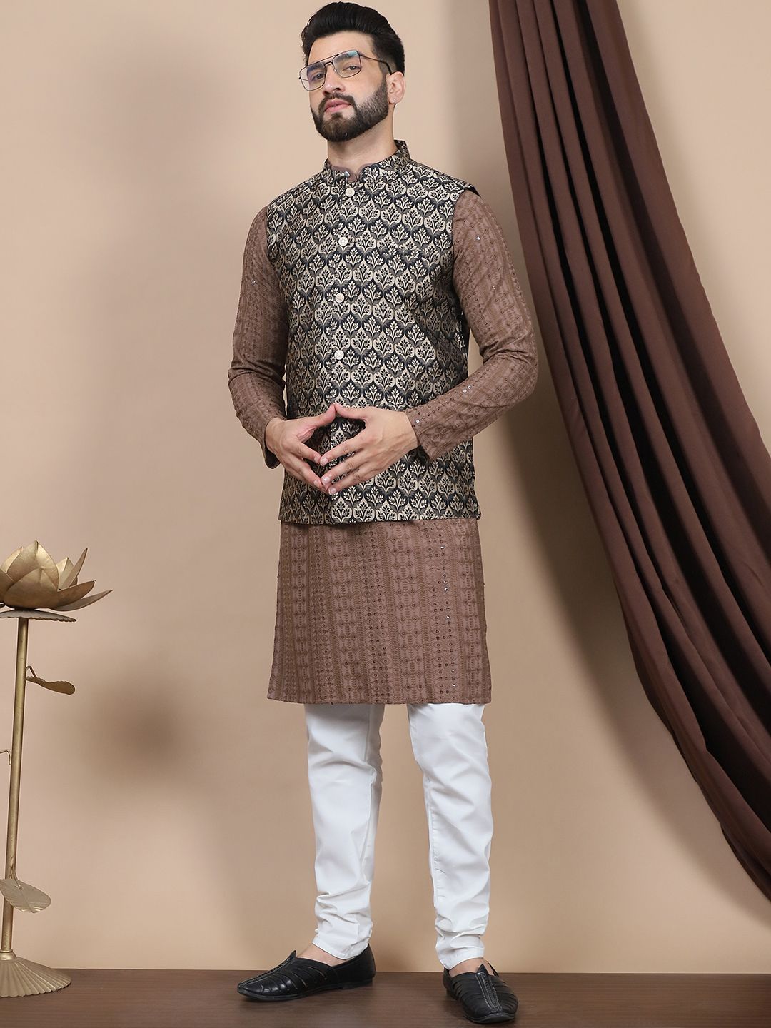 Anouk Embroidered Sequinned Pure Cotton Straight Kurta With Churidar & Nehru Jacket