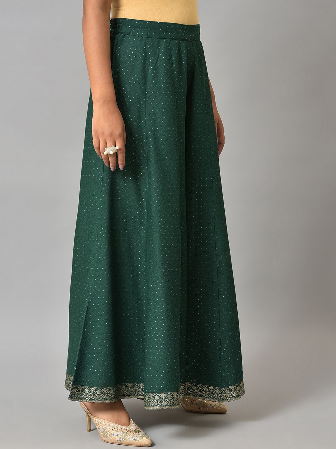 W Women Green Polka Dots Printed Wide Leg Palazzos