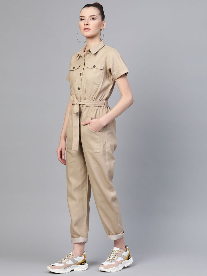SASSAFRAS Women Beige Solid Twill Tapered Basic Jumpsuit