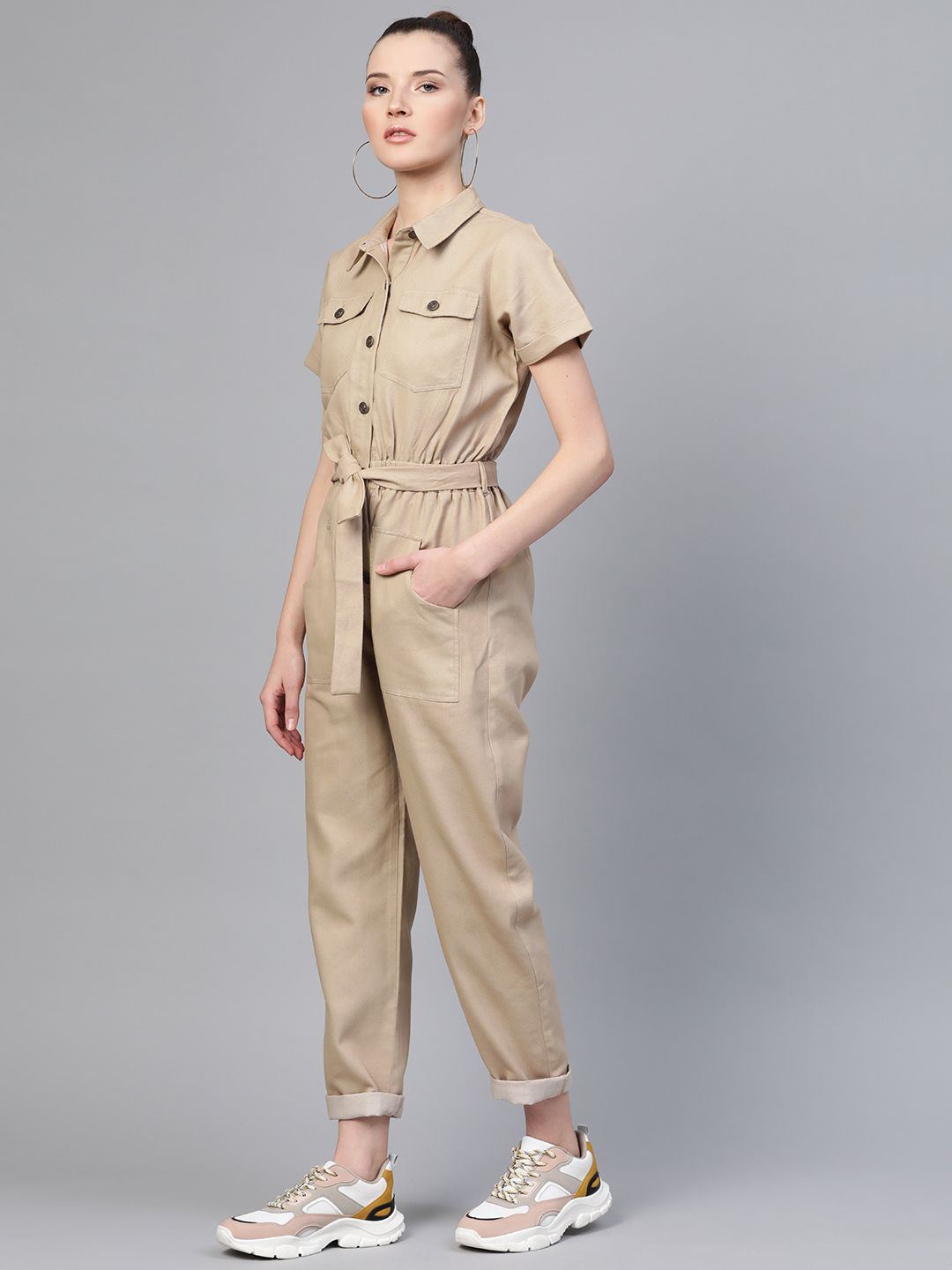 SASSAFRAS Women Beige Solid Twill Tapered Basic Jumpsuit