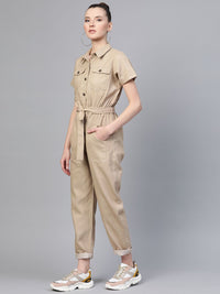 SASSAFRAS Women Beige Solid Twill Tapered Basic Jumpsuit