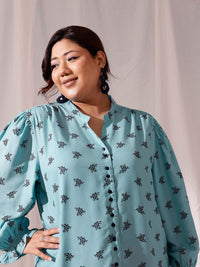 CURVY STREET Plus Size Comfort Floral Printed Mandarin Collar Casual Shirt