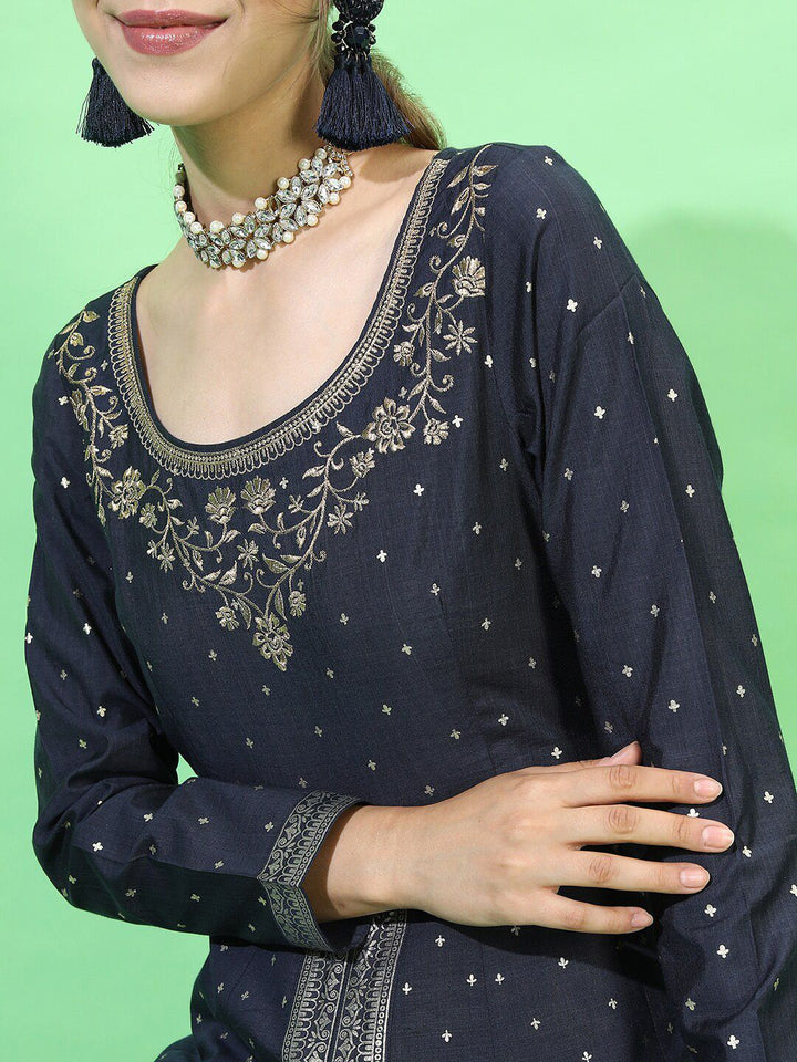 Vishudh Women Navy Blue Floral Embroidered Empire Kurta with Palazzos