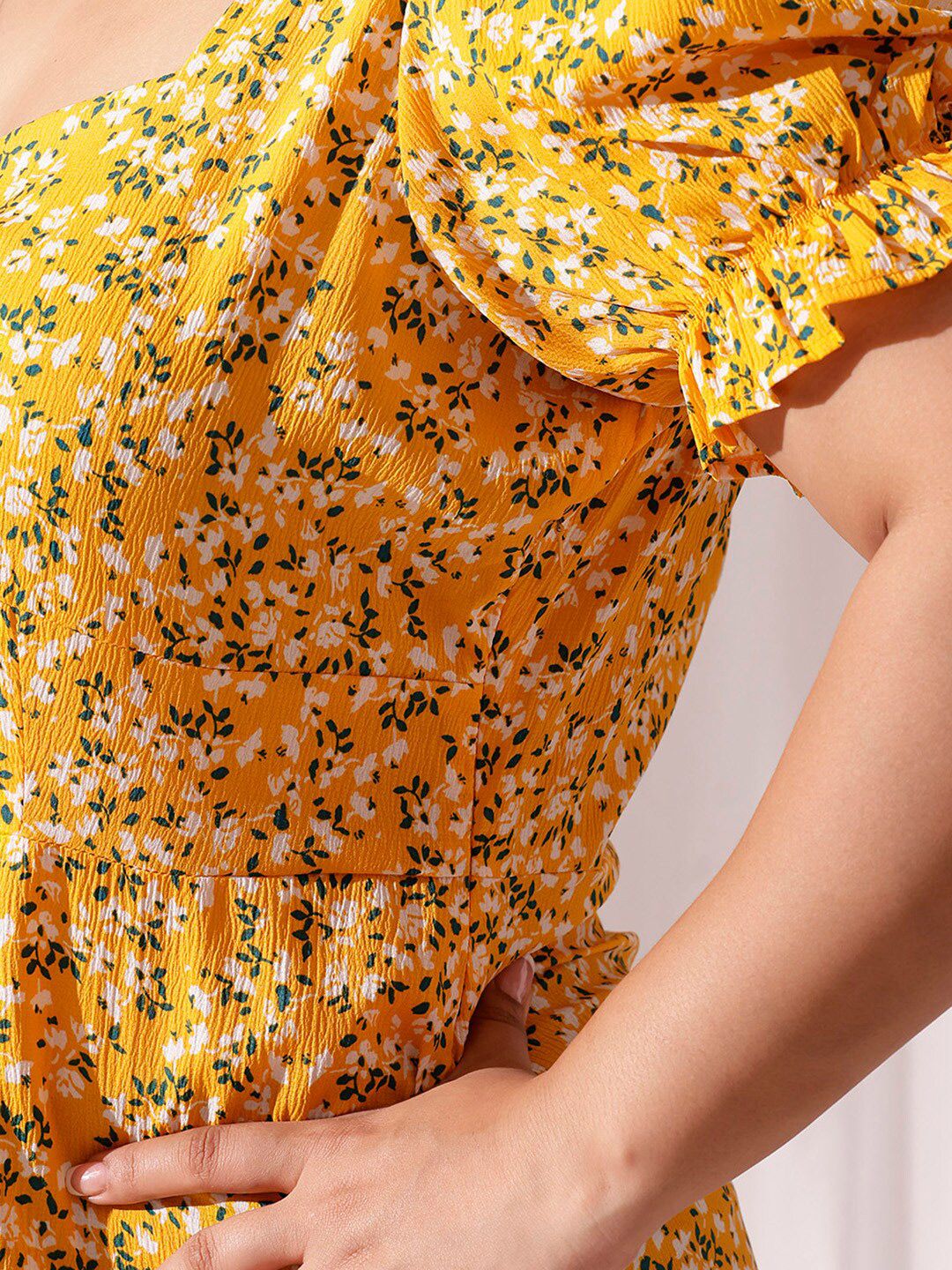 CURVY STREET Yellow Floral Printed Flared Puff Sleevese Fit & Flare Dress