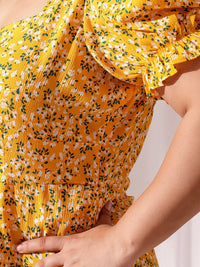 CURVY STREET Yellow Floral Printed Flared Puff Sleevese Fit & Flare Dress