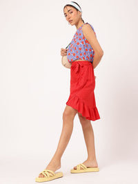 DressBerry Bold Blood-Red Asymmetric Flounce Hem Mini Skirt