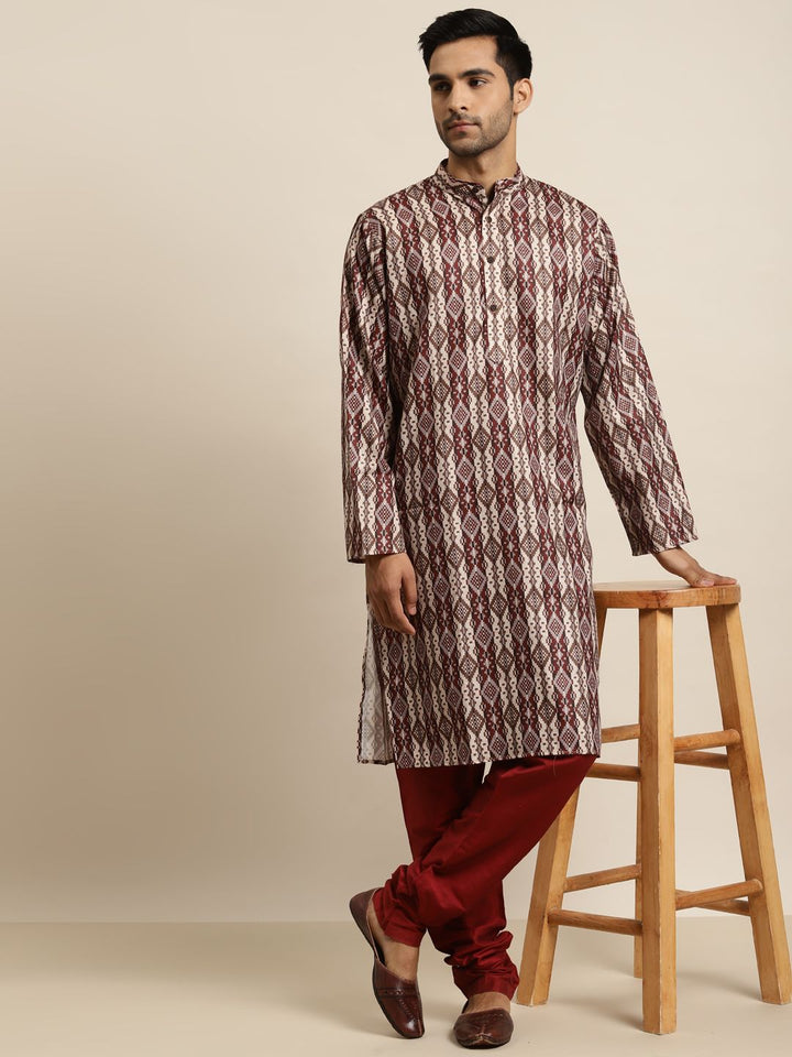 SOJANYA Men Maroon & Brown Pure Cotton Geometric Printed Kurta