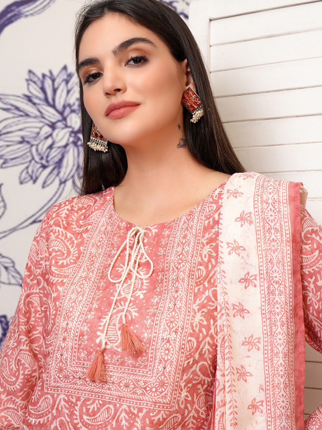 Vishudh Pink Paisley Printed Regular Pure Cotton Kurta with Trouser & Dupatta