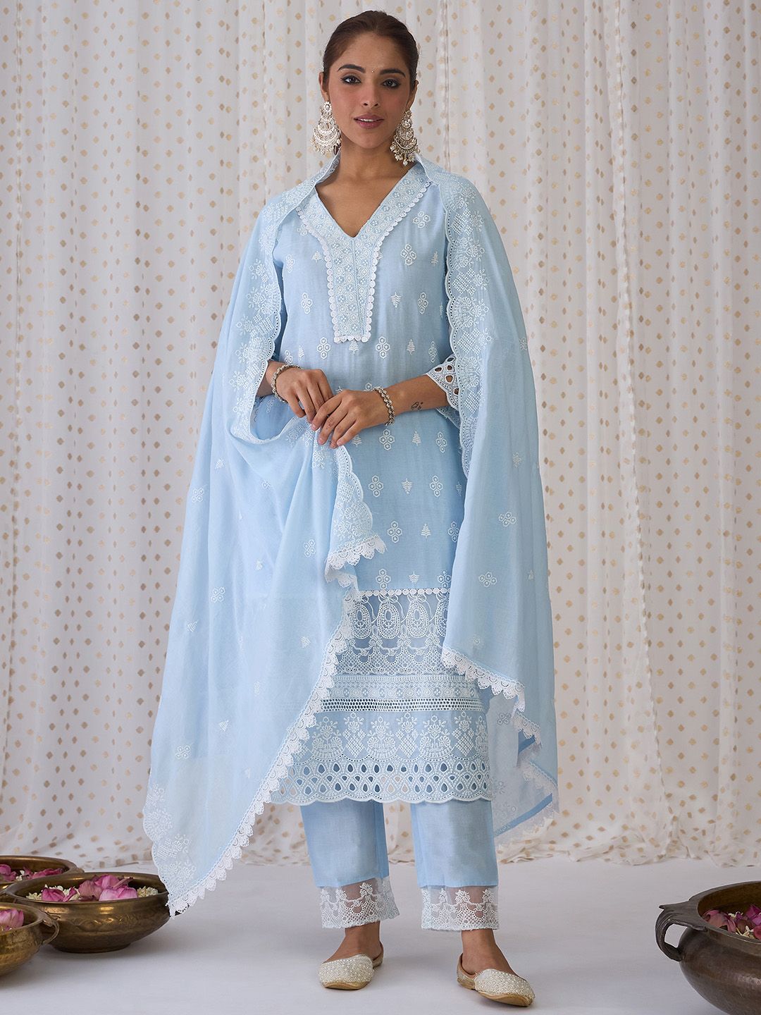 Indo Era Blue Floral Embroidered Thread Work Pure Cotton Kurta With Trousers & Dupatta