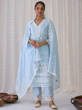 Indo Era Blue Floral Embroidered Thread Work Pure Cotton Kurta With Trousers & Dupatta