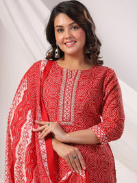 Indo Era Bandhani Printed Notch Neck Pure Cotton Kurta With Trousers & Dupatta