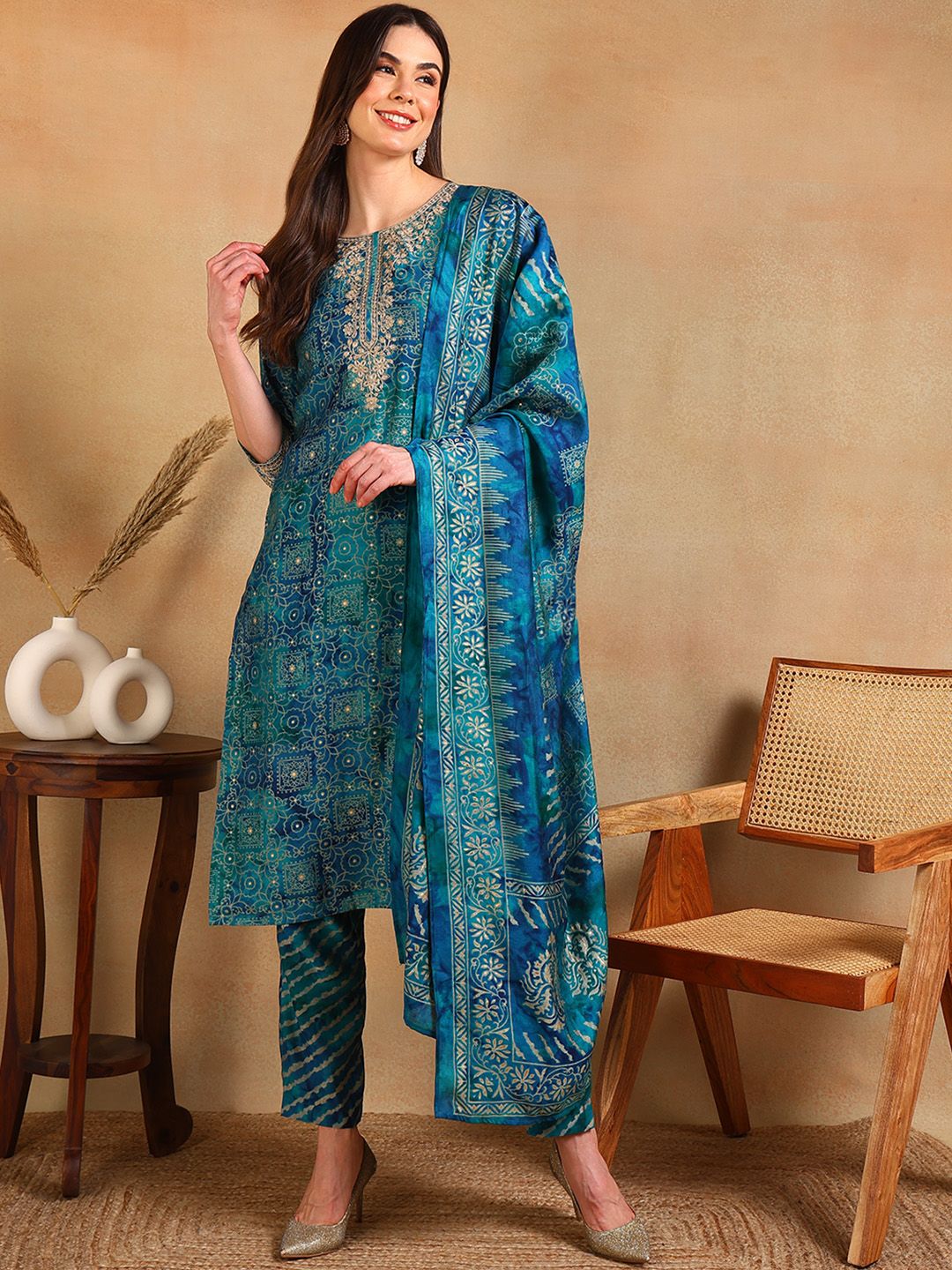 KALINI Ethnic Motifs Printed Thread Work Straight Kurta With Trouser & Dupatta