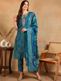 KALINI Ethnic Motifs Printed Thread Work Straight Kurta With Trouser & Dupatta