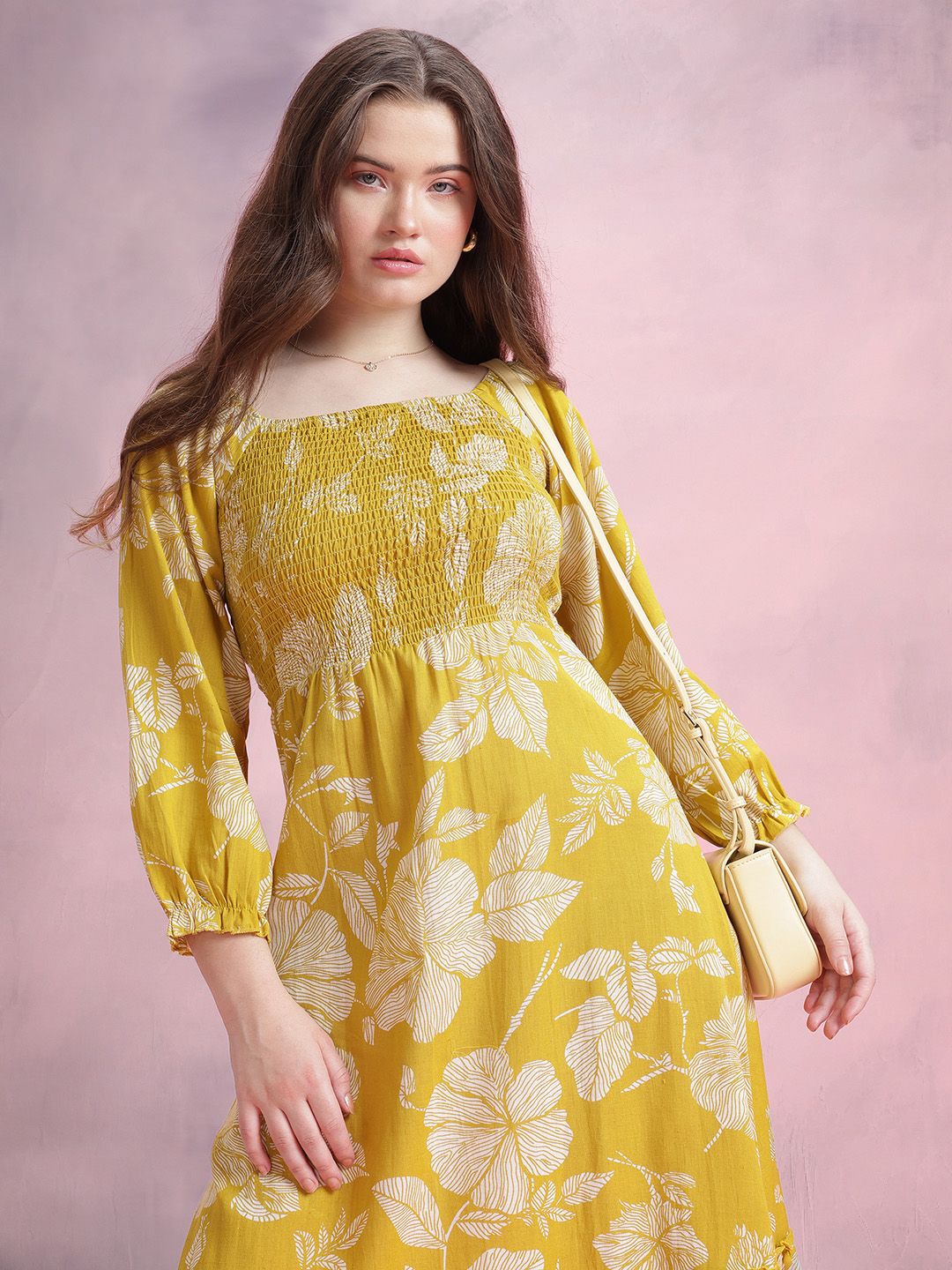 DressBerry Floral Print Gathered Detail Smocked Effect Pure Cotton Midi A-Line Dress