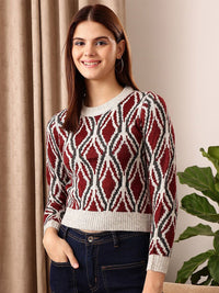STREET 9 White & Red Cable Knit Crop Pullover
