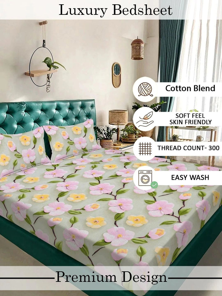 Myntra Elegant Homes Green Floral 400 TC King Bedsheet with 2 Pillow Covers