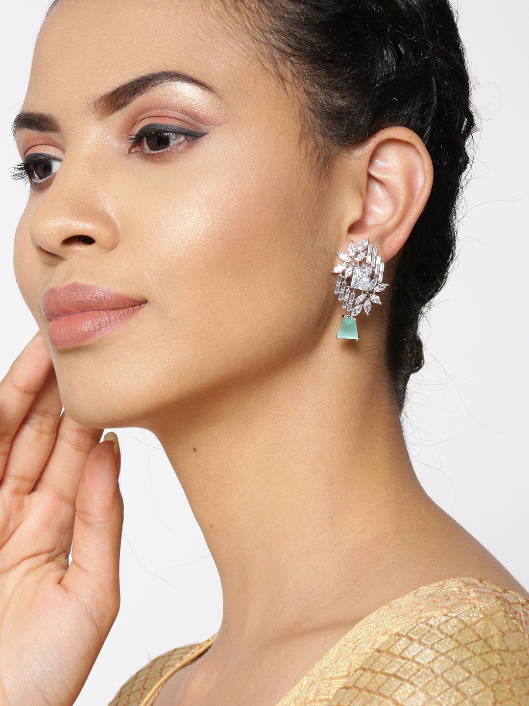 Priyaasi Sea Green Silver Plated Stone Studded Handcrafted Contemporary Drop Earrings