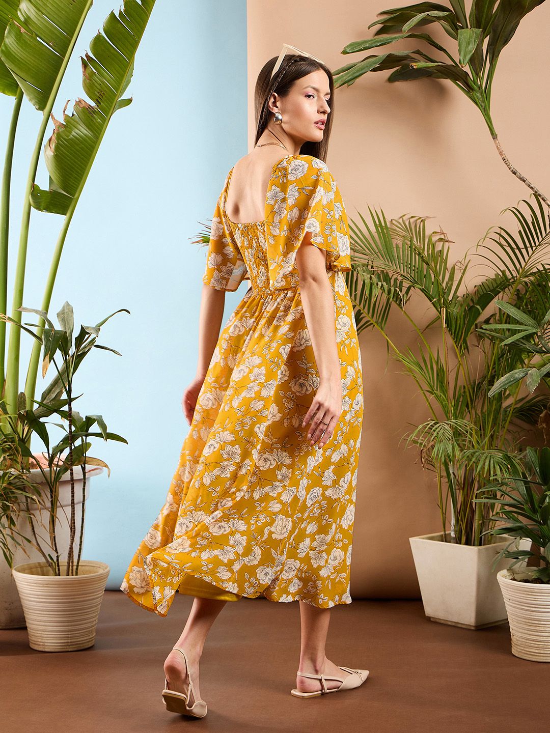 SASSAFRAS Floral Printed Flared Sleeve Front Tie Up Fit & Flare Midi Dress